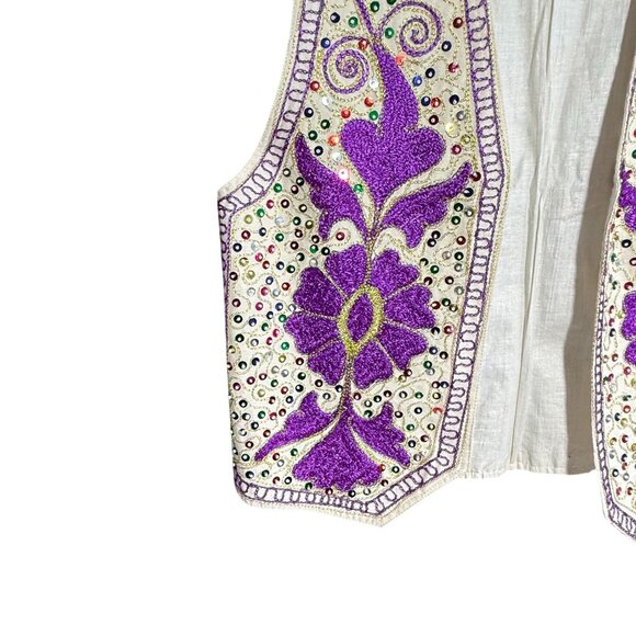 Embroidered Sequins Open Front Jacket Vest Unisex Cream Purple Sleeveless - Picture 3 of 7